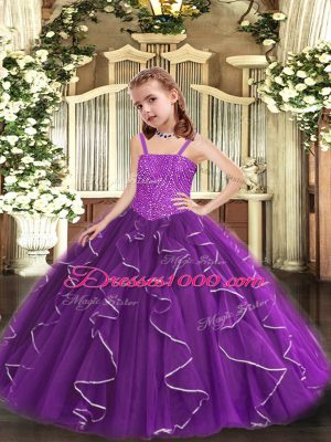 Sleeveless Floor Length Beading and Ruffles Lace Up Pageant Dress with Purple