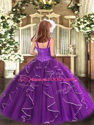 Sleeveless Floor Length Beading and Ruffles Lace Up Pageant Dress with Purple
