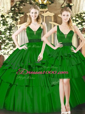New Arrival Straps Sleeveless Lace Up Quinceanera Gown Dark Green Organza