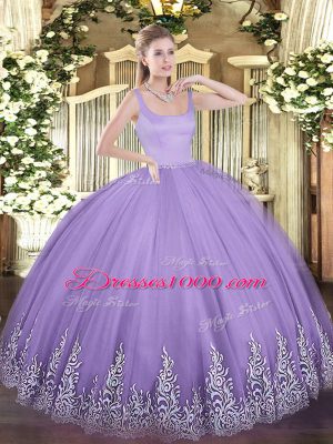 Floor Length Zipper Quinceanera Gowns Lavender for Military Ball and Sweet 16 and Quinceanera with Appliques