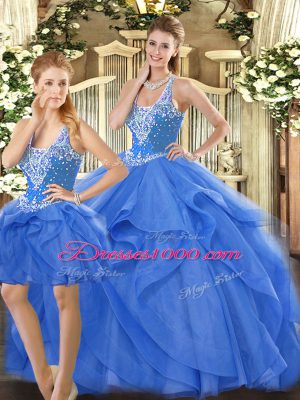 Custom Design Floor Length Blue Quinceanera Dress Straps Sleeveless Lace Up