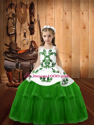 Custom Designed Sleeveless Tulle Floor Length Lace Up Little Girl Pageant Dress in with Embroidery