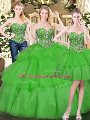 Green Sleeveless Beading and Ruffled Layers Floor Length Vestidos de Quinceanera