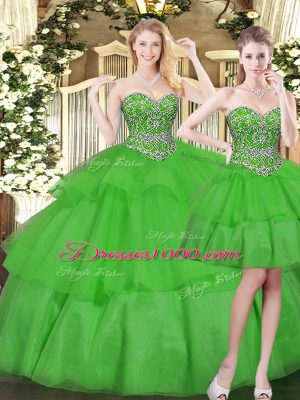 Green Sleeveless Beading and Ruffled Layers Floor Length Vestidos de Quinceanera