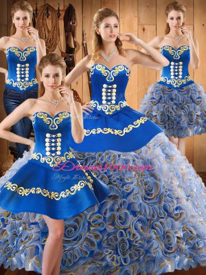 Gorgeous With Train Multi-color Quince Ball Gowns Satin and Fabric With Rolling Flowers Sweep Train Sleeveless Embroidery