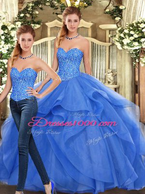 Fantastic Beading and Ruffles Sweet 16 Dress Blue Lace Up Sleeveless Floor Length