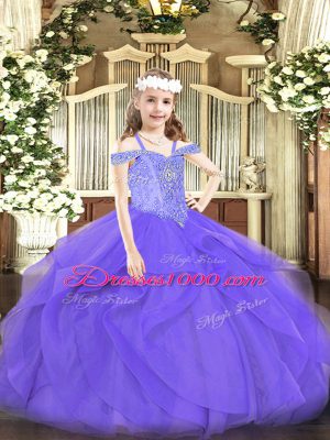 Tulle Off The Shoulder Sleeveless Lace Up Beading and Ruffles Little Girls Pageant Gowns in Lavender