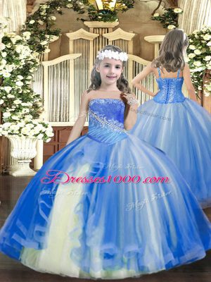 Custom Fit Tulle Straps Sleeveless Lace Up Beading Pageant Dress Toddler in Baby Blue