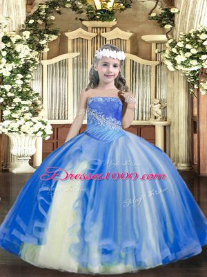 Custom Fit Tulle Straps Sleeveless Lace Up Beading Pageant Dress Toddler in Baby Blue