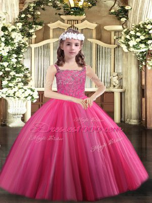 Custom Design Hot Pink Pageant Dresses Party and Sweet 16 and Quinceanera and Wedding Party with Beading Straps Sleeveless Lace Up