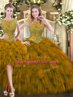 Low Price Brown Sleeveless Floor Length Beading and Ruffles Zipper Sweet 16 Dress