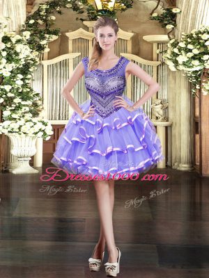 Scoop Sleeveless Tulle Quince Ball Gowns Beading and Ruffled Layers Lace Up