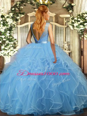 Tulle Sleeveless Floor Length Quinceanera Gowns and Beading and Ruffles