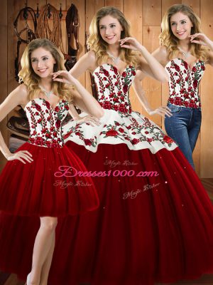 Hot Sale Wine Red Satin and Tulle Lace Up Vestidos de Quinceanera Sleeveless Floor Length Embroidery