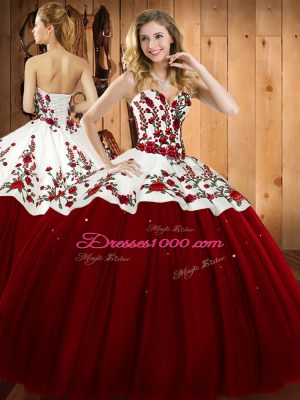 Hot Sale Wine Red Satin and Tulle Lace Up Vestidos de Quinceanera Sleeveless Floor Length Embroidery