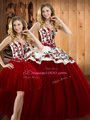 Hot Sale Wine Red Satin and Tulle Lace Up Vestidos de Quinceanera Sleeveless Floor Length Embroidery