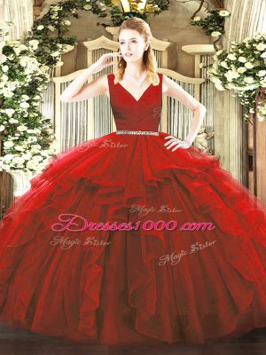 Adorable Beading and Ruffles Sweet 16 Dress Wine Red Zipper Sleeveless Floor Length