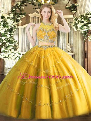 New Arrival Gold Two Pieces Tulle Scoop Sleeveless Beading Floor Length Zipper Quinceanera Dress