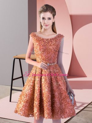 Sleeveless Knee Length Belt Lace Up Prom Dresses with Rust Red