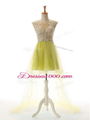 High Class Tulle Scoop Sleeveless Backless Appliques Prom Dress in Olive Green