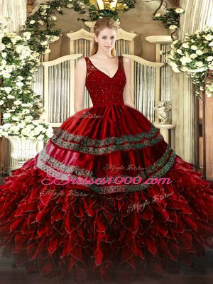 Floor Length Ball Gowns Sleeveless Wine Red Quinceanera Gowns Backless