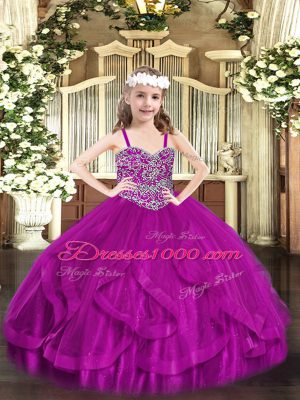 Cute Sleeveless Floor Length Beading and Ruffles Lace Up Kids Formal Wear with Fuchsia