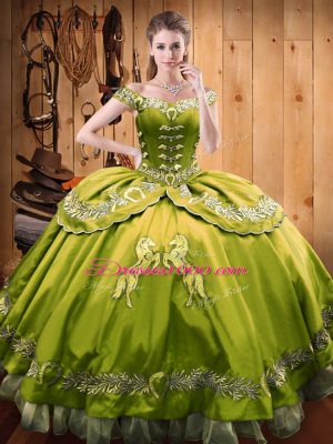 Satin and Organza Off The Shoulder Sleeveless Lace Up Beading and Embroidery Quinceanera Dresses in Olive Green