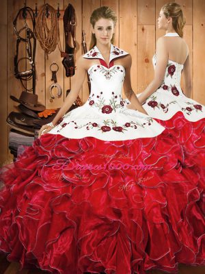 Comfortable Sleeveless Satin and Organza Floor Length Lace Up 15 Quinceanera Dress in Wine Red with Embroidery and Ruffles