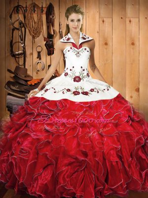 Comfortable Sleeveless Satin and Organza Floor Length Lace Up 15 Quinceanera Dress in Wine Red with Embroidery and Ruffles