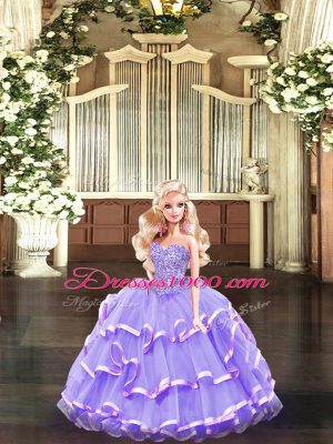 Lavender Sleeveless Floor Length Beading and Ruffled Layers Lace Up Quinceanera Dress