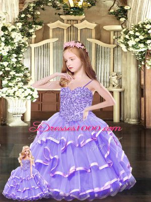 Lavender Sleeveless Floor Length Beading and Ruffled Layers Lace Up Quinceanera Dress