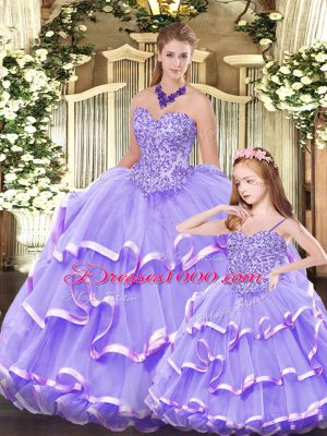 Lavender Sleeveless Floor Length Beading and Ruffled Layers Lace Up Quinceanera Dress