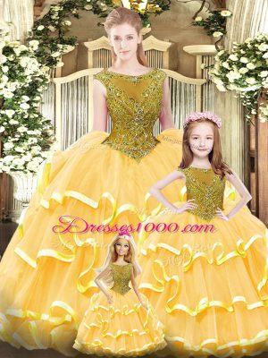 Glittering Sleeveless Organza Floor Length Lace Up Quince Ball Gowns in Gold with Beading and Ruffled Layers