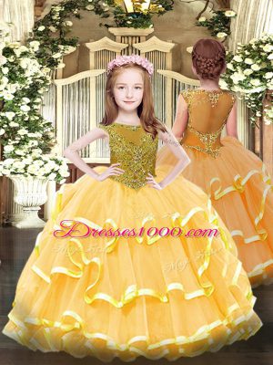 Glittering Sleeveless Organza Floor Length Lace Up Quince Ball Gowns in Gold with Beading and Ruffled Layers