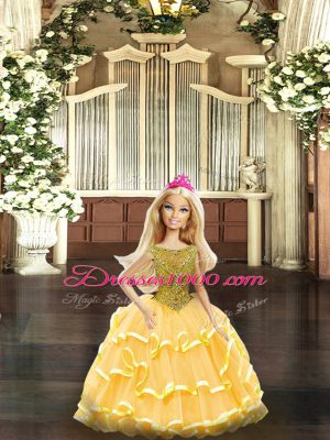 Glittering Sleeveless Organza Floor Length Lace Up Quince Ball Gowns in Gold with Beading and Ruffled Layers