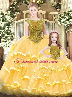 Glittering Sleeveless Organza Floor Length Lace Up Quince Ball Gowns in Gold with Beading and Ruffled Layers