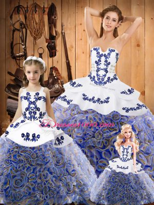 Unique Sleeveless Fabric With Rolling Flowers Sweep Train Lace Up Vestidos de Quinceanera in Multi-color with Embroidery