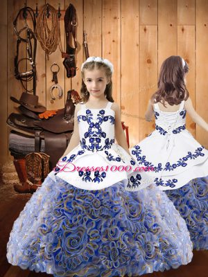 Unique Sleeveless Fabric With Rolling Flowers Sweep Train Lace Up Vestidos de Quinceanera in Multi-color with Embroidery