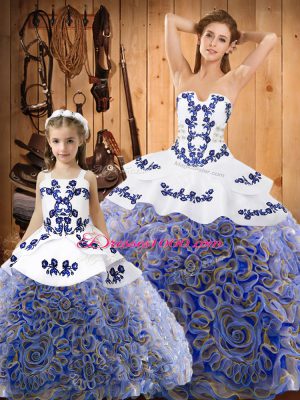 Unique Sleeveless Fabric With Rolling Flowers Sweep Train Lace Up Vestidos de Quinceanera in Multi-color with Embroidery
