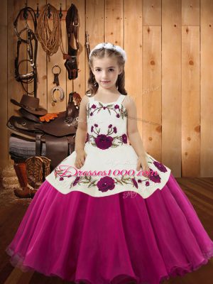 Organza Straps Sleeveless Zipper Embroidery Little Girl Pageant Dress in Fuchsia
