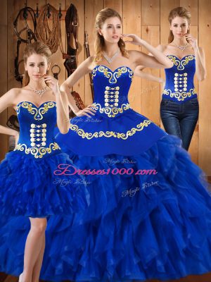 High End Floor Length Blue Sweet 16 Dress Satin and Organza Sleeveless Embroidery and Ruffles