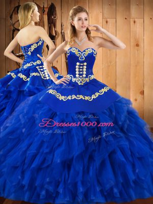 High End Floor Length Blue Sweet 16 Dress Satin and Organza Sleeveless Embroidery and Ruffles