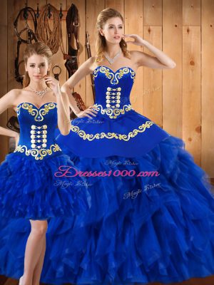 High End Floor Length Blue Sweet 16 Dress Satin and Organza Sleeveless Embroidery and Ruffles
