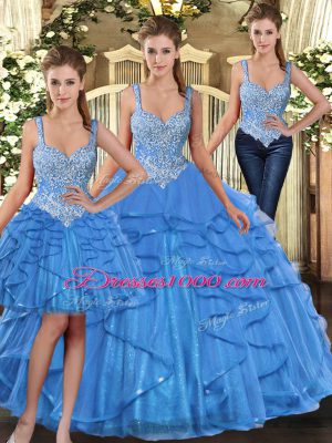 Aqua Blue Ball Gowns Tulle Straps Sleeveless Beading and Ruffles Floor Length Lace Up 15th Birthday Dress