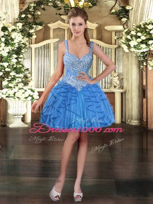 Aqua Blue Ball Gowns Tulle Straps Sleeveless Beading and Ruffles Floor Length Lace Up 15th Birthday Dress