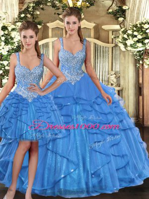 Aqua Blue Ball Gowns Tulle Straps Sleeveless Beading and Ruffles Floor Length Lace Up 15th Birthday Dress