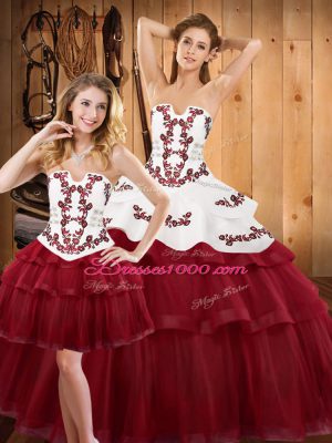 Chic Burgundy Strapless Neckline Embroidery and Ruffled Layers Vestidos de Quinceanera Sleeveless Lace Up