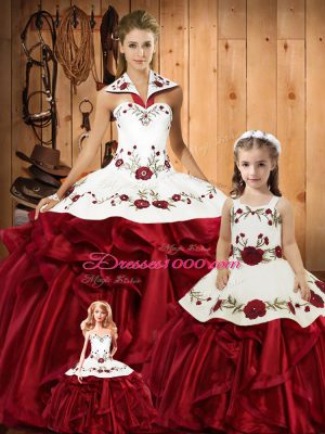 Wine Red Lace Up Halter Top Embroidery and Ruffles 15th Birthday Dress Satin and Organza Sleeveless