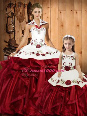 Wine Red Lace Up Halter Top Embroidery and Ruffles 15th Birthday Dress Satin and Organza Sleeveless