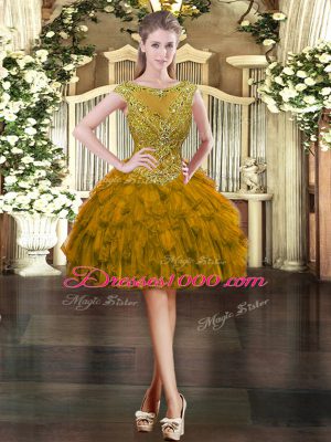 Stunning Scoop Cap Sleeves Prom Dress Mini Length Beading and Ruffles Brown Organza